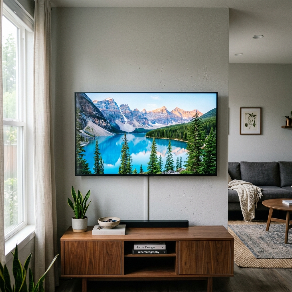 Wall mounted TV in basement room